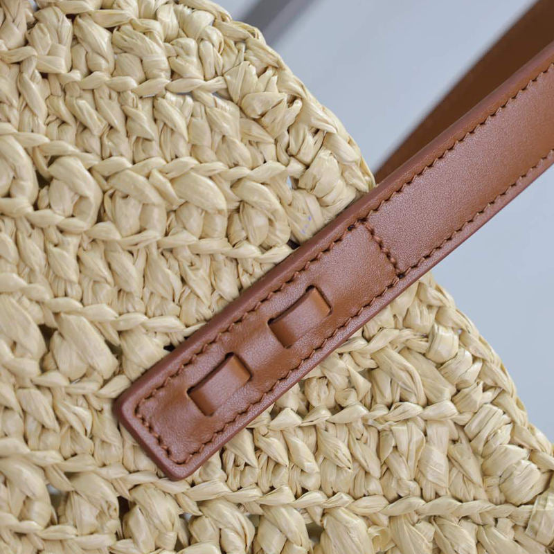 Open Top Woven Raffia Straw Tote Bag