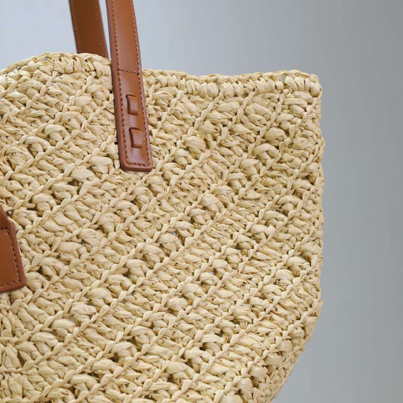 Open Top Woven Raffia Straw Tote Bag