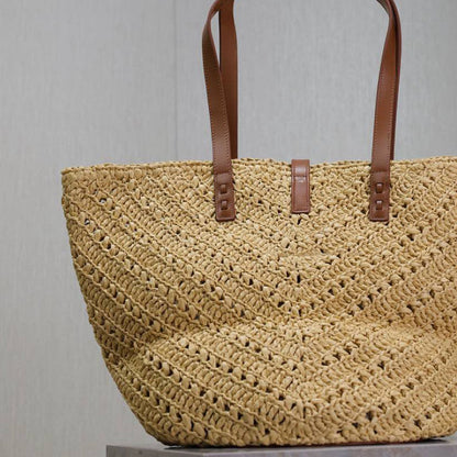 Open Top Woven Raffia Straw Tote Bag