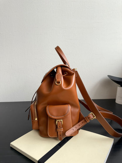 Full Leather Drawstring Flap Leather Backpack