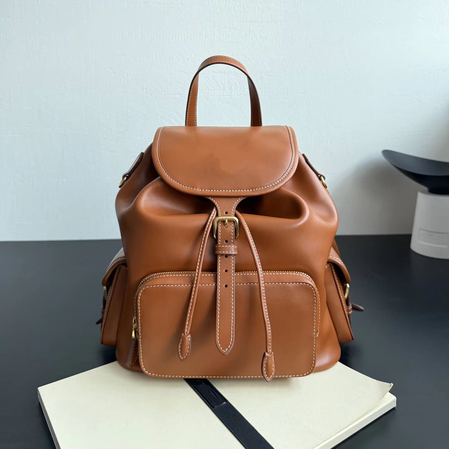Full Leather Drawstring Flap Leather Backpack